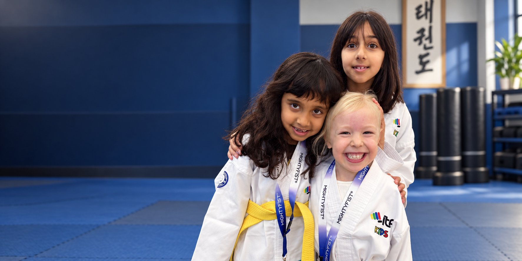 Three young Impact Martial Arts students smiling together with their competition medals